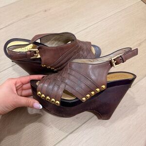 Michael Kors Woven Harlow Brown Wedges with Gold Accents